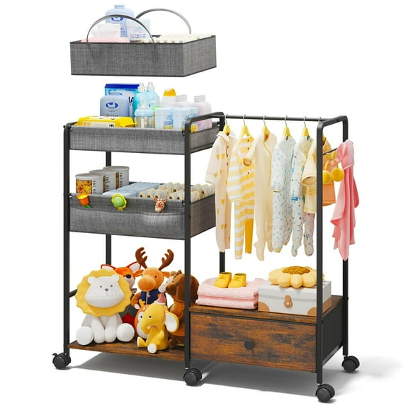 3in1 Diaper Caddy Organizer - Diaper Caddy & Rolling Diaper Cart with Kids Clothing Rack for Nursery and Baby Essentials, Multi-Function Utility Cart for Bedroom and Bathroom, Black&Brown