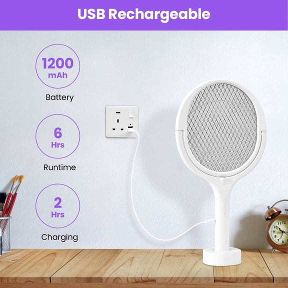 3in1 Electric Bug Zapper Racket 3200V Mosquito Swatter with 90    Rotating Head Telescopic Wand 3 Layer Safety Mesh Rechargeable 1200mAh Desktop Base Wall Mount for Indoor Outdoor Camping Bedroom