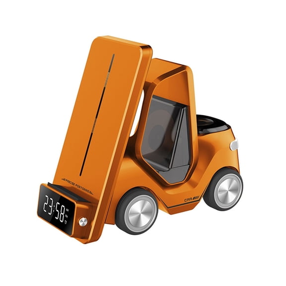 3in1 Forklift Wireless Charging Station With Clock Ambient Light Small Car Desktop Wireless Charger Forklift Fast Charging For Phone 15 Watch Headphones Charging Cell Phone Holder