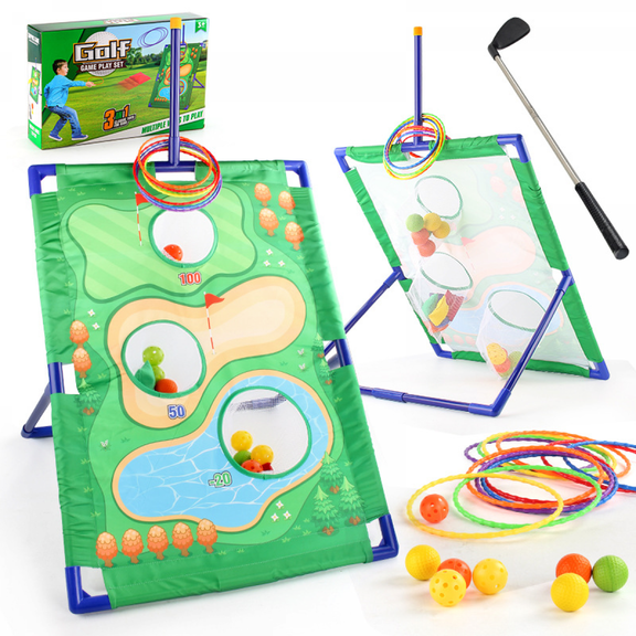 3in1 Kids Golf Set & Sandbag Circle Toss Game with Chipping Mat and Stand for Boys Girls Golf Training Equipment Sticky Practice Indoor Outdoor Play Toys