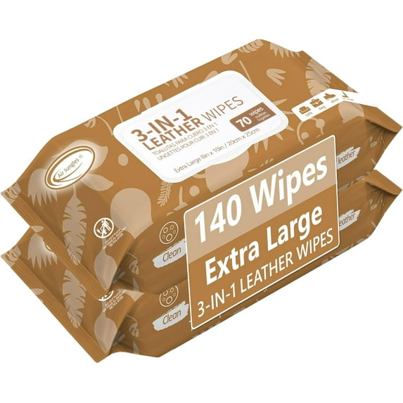 3in1 Leather Wipes 140 Count, Extra Large 8" x 10" Size, Clean Condition Protect Wipes for Vinyl and Leather Apparel Furniture Auto Car Interior Shoes Boots Bags