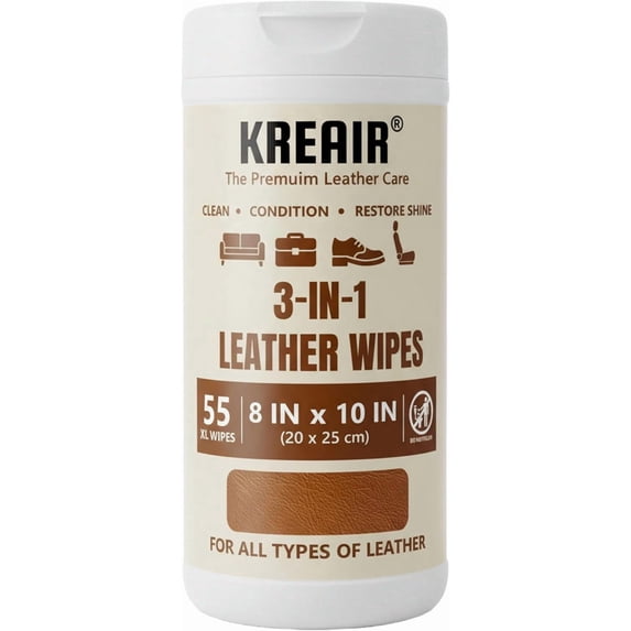 3in1 Leather Wipes 55 Count, Clean, Condition & Restore Shine, XL 8"x10" Extra-Large Wipes for Car Seats, Shoes, Furniture & Bags, For All Types of Leather, Non-Linting, Easy-Pull Lid