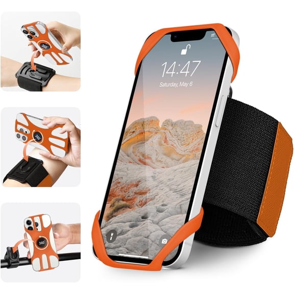 3in1 Phone Holder for Running,Arm Band/Wrist Holder/Bike Mount,Phone Armbands 360 Rotation & Detachable Fit All 4.5-7" iPhone 17/16/15/Pro/14/13/12/mini/Pro Max/XS/XR (Orange)