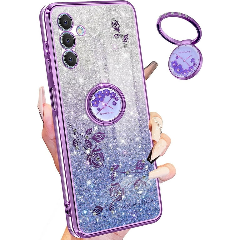 Fofvccv For Huawei Honor 200 5G Case Glitter With Crossbody Lanyard Strap For Women Girls, Sparkle Girly Bling Shiny Floral Flower Clear Cover Case For Honor 200 YSS Purple