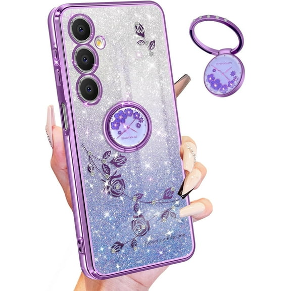 (3in1 for Samsung Galaxy A15 5G Phone Case for Women Girls Glitter Girly Cute Bling Flowers Purple Cases with Ring Stand Design Sparkle Floral Shiny Pretty Cover for Samsung A15 5G 6.5''