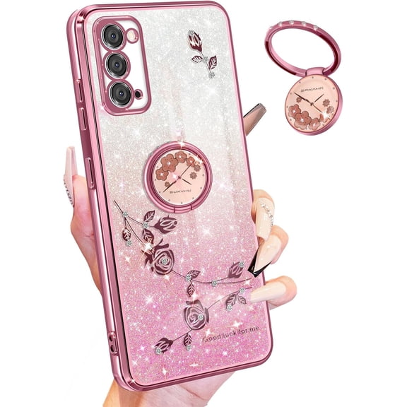 (3in1 for Samsung Galaxy Note 20 Case for Women Girls Glitter Girly Cute Bling Flowers Phone Cases with Ring Stand Unique Design Sparkle Floral Shiny Pretty Cover for Galaxy Note 20 5G 6.7''