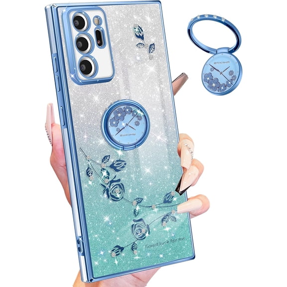 (3in1 for Samsung Galaxy Note 20 Ultra Case Glitter Sparkly for Women Girls Bling Shiny Phone Cover Cute Flowers Floral Design with Ring Pretty Blue Cases for Galaxy Note 20 Ultra 5G 6.9''