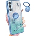 thumbnail image 1 of (3in1 for Samsung Galaxy S21 FE 5G Case Glitter Sparkly Women Girls Sparkle Girly Bling Shiny Phone Cover Cute Flowers Floral Design with Ring Pretty Blue Cases for Samsung S21 FE 5G 6.4'', 1 of 6