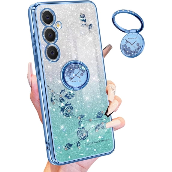 (3in1 for Samsung Galaxy S23 FE Case for Women Girls Glitter Girly Cute Bling Flowers Blue Phone Cases with Ring Stand Design Sparkle Floral Shiny Pretty Cover for Samsung S23 FE 5G 6.4''