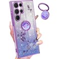 thumbnail image 1 of (3in1 for Samsung Galaxy S23 Ultra Case Glitter Sparkly Women Girls Sparkle Girly Bling Shiny Phone Cover Cute Flowers Floral Design with Ring Pretty Purple Cases for S23 Ultra 2023 6.8'', 1 of 12