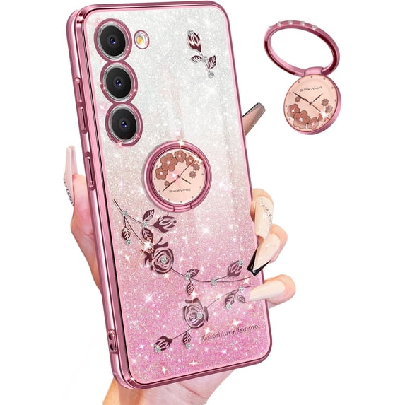 (3in1 for Samsung Galaxy S24 Plus Case for Women Girls Glitter Girly Cute Bling Flowers Phone Cases with Ring Stand Design Sparkle Floral Shiny Pretty Cover for Samsung S24 Plus 6.7''