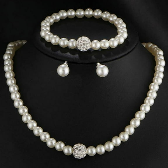 3in1 Set Womens Bride Wedding Set Rhinestone Faux Pearl Necklace Bracelet Earrings Party Jewelry Gift