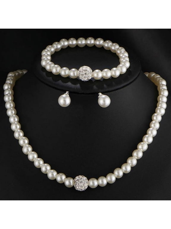 3in1 Set Womens Bride Wedding Set Rhinestone Faux Pearl Necklace Bracelet Earrings Party Jewelry Gift
