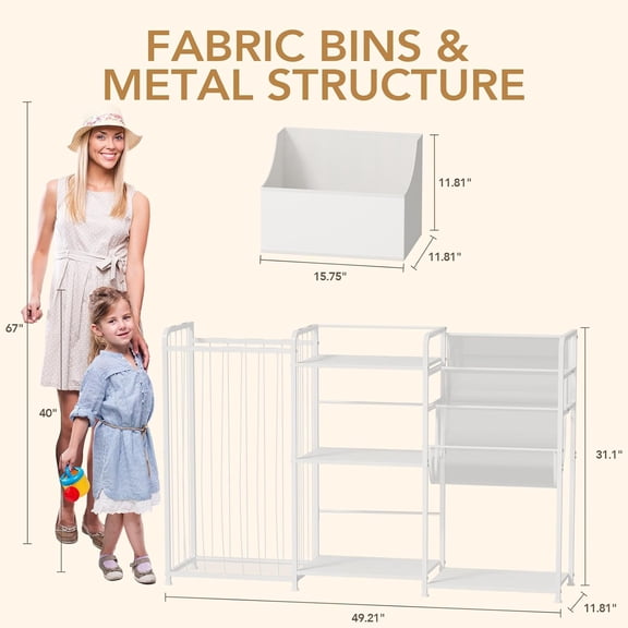 3in1 Stuffed Animal Storage Organizer with Kids Bookshelf and Plushies Holder for Nursery Bedroom Playroom White