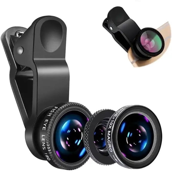 3in1 Universal Fish Eye Lens, Macro Clip Wide-Angle Camera Lens Kit | for iPad iPhone Samsung Android and Most Smartphones (black)