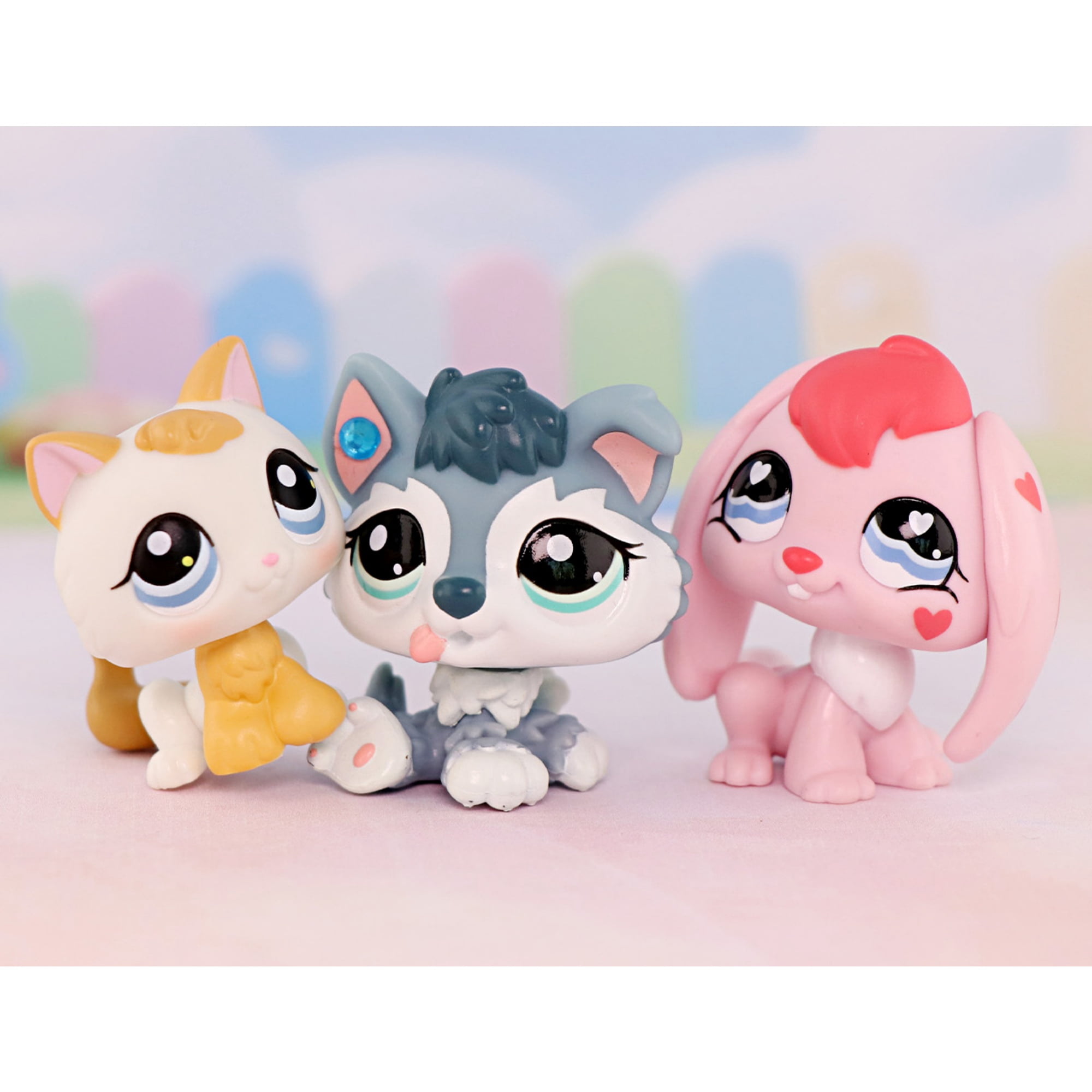 3lot Mini Pet Toys Kitten Cat #134 Husky Puppy #2036 Bunny Rabbit #557,Cartoon Animal Figurines Easter Gift for Kids