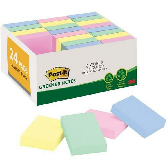 3m 65324RPVAD Recycled Note Pads, 1 3/8 X 1 7/8, Plain, Assorted Helsinki Colors, 100-sheet, 24/pack