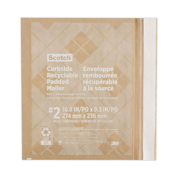 3m CR21 Curbside Recyclable Padded Mailer, #2, Self-adhsve Closure, Interior Dimensions: 10.8ae X 9.3ae, Natural Kraft, 100/carton