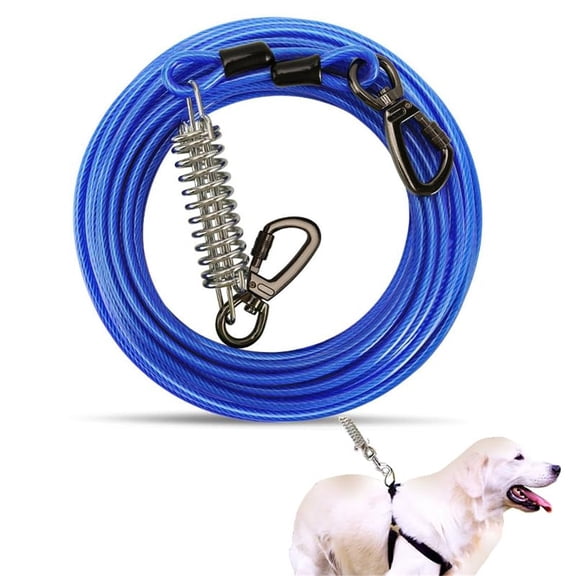 3m Dog Tie Out Cable Heavy Duty Outdoor Runner Cable with Shock Absorbing Spring and 360Swivel Clips, Dogs Chain for Yard Training Running , Blue