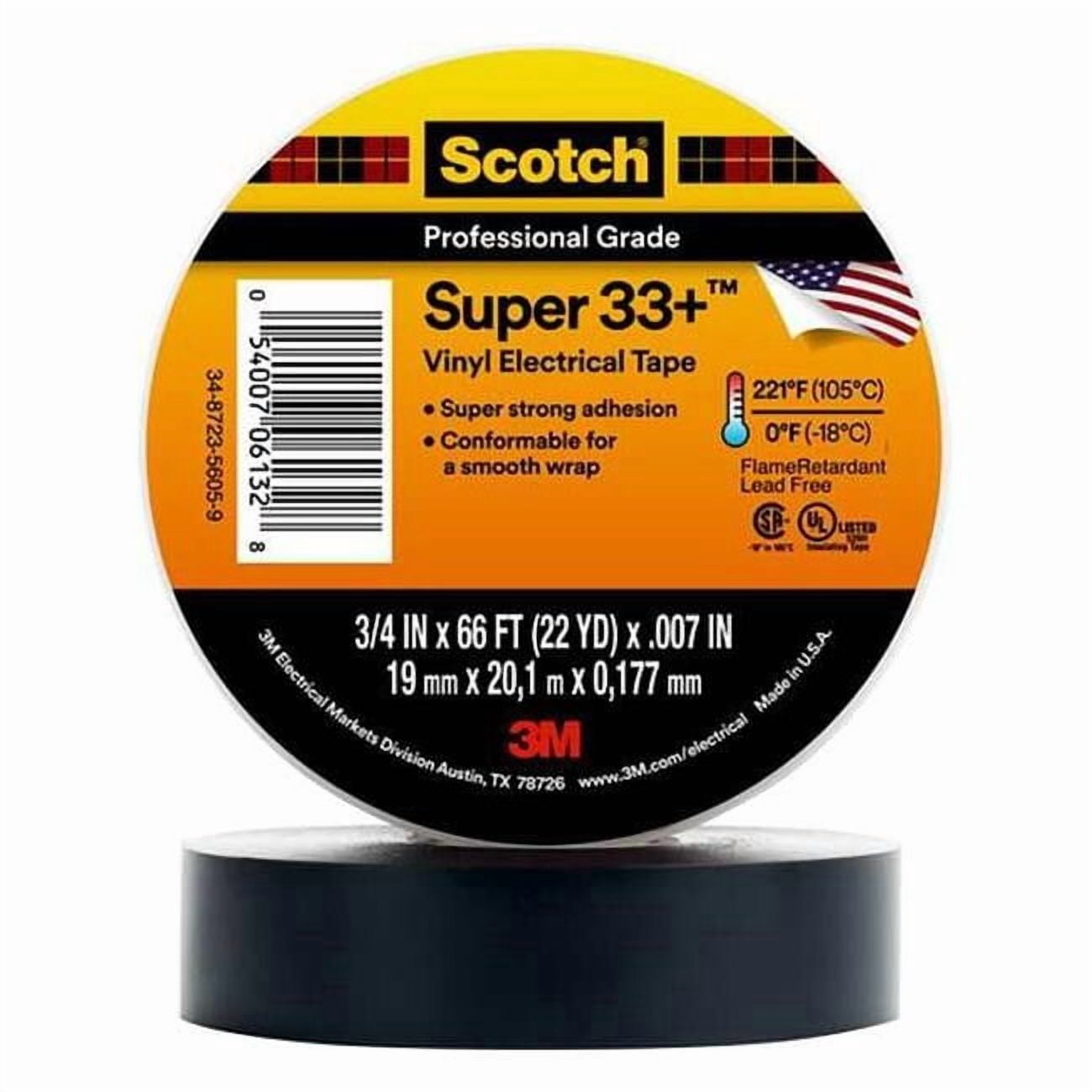 3m Electrical Tape, Vinyl, Black, 22 yd L, 2 in W Super 33+