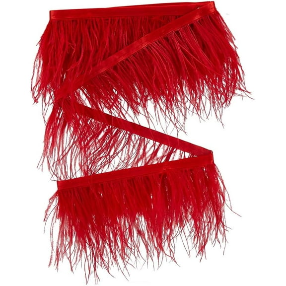 3m Ostrich Feather Fringe Trim 10-15cm Width Fluffy Ostrich Plumes Trimmings with Satin Ribbon Tape for DIY Sewing Crafts Carnival Dress Costumes Stage Clothes Wedding Decoration Red
