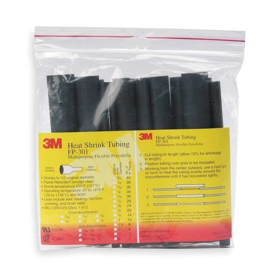 3m Shrink Tubing,6 in,Blk,0.125 in ID,PK10 FP301-1/8-6"-BLACK-10-10 PC PKS