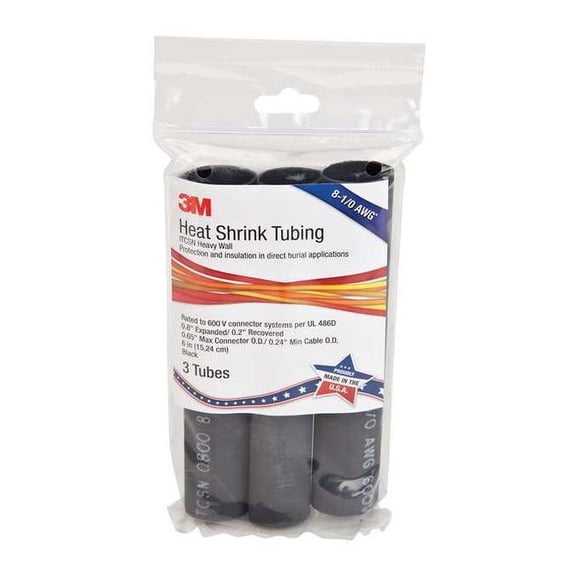 3m Shrink Tubing,6 in,Blk,0.8 in ID,PK3 ITCSN-0800-6"-BLACK-12-3 PC PKS