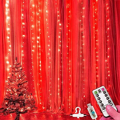 3m x 3m 300LED Red Curtain String Lights, Indoor/Outdoor, LED, USB Powered, 8 Light Modes, Remote Control, Waterproof