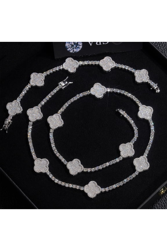 3mm/4mm Four-Leaf Clover Bracelet in S925 Silver with D-Color VVS Moissanite, Trendy Hip-Hop Bracelet and Necklace. Faster Than a Diamond Tester