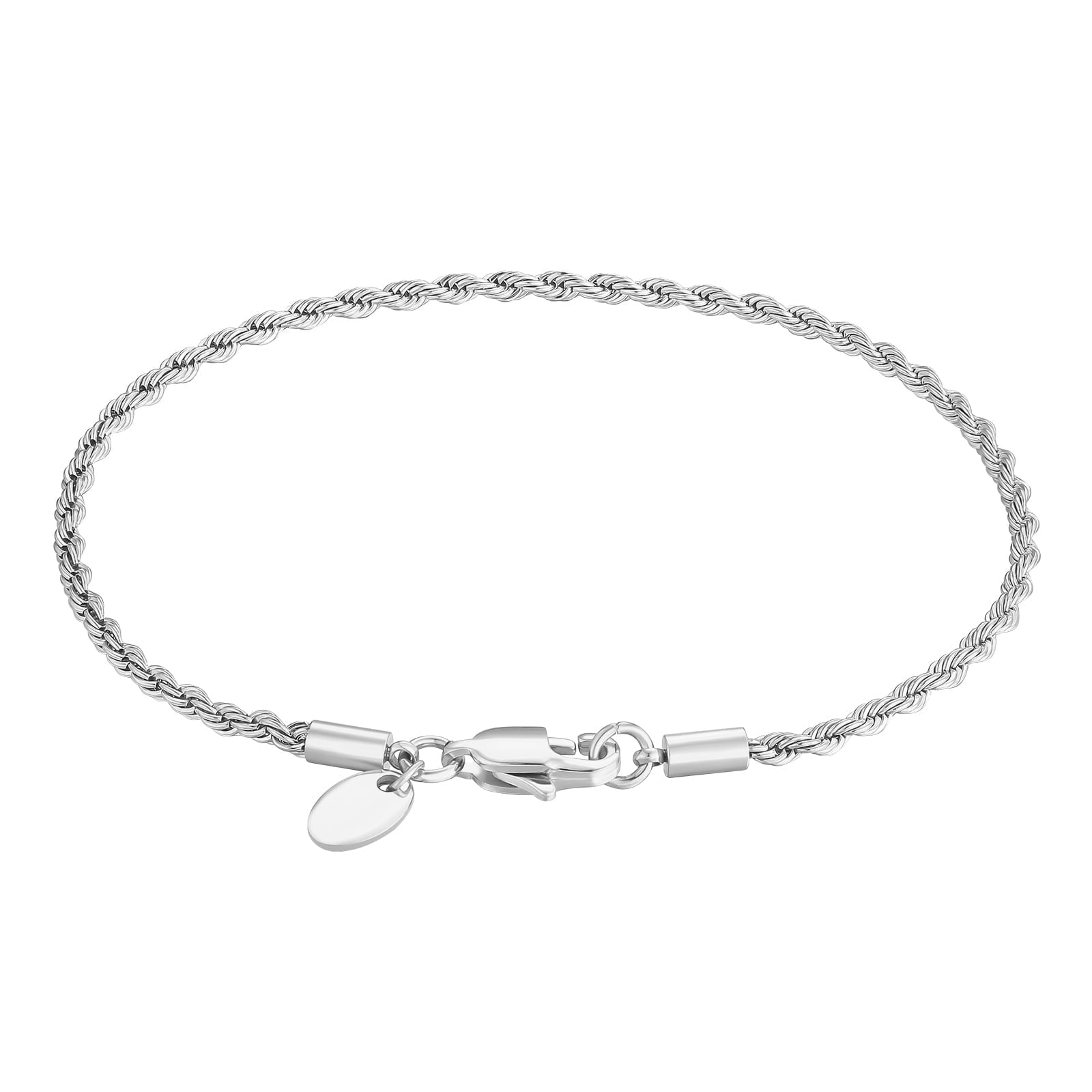 KRKC&CO White Gold Rope Chain Bracelet for Men and Women, 3mm Stainless