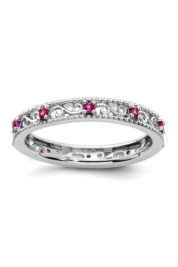 3mm 925 Sterling Silver Polished Prong set Stackable Created Ruby Ring Size 8 Stackable Ring for Women