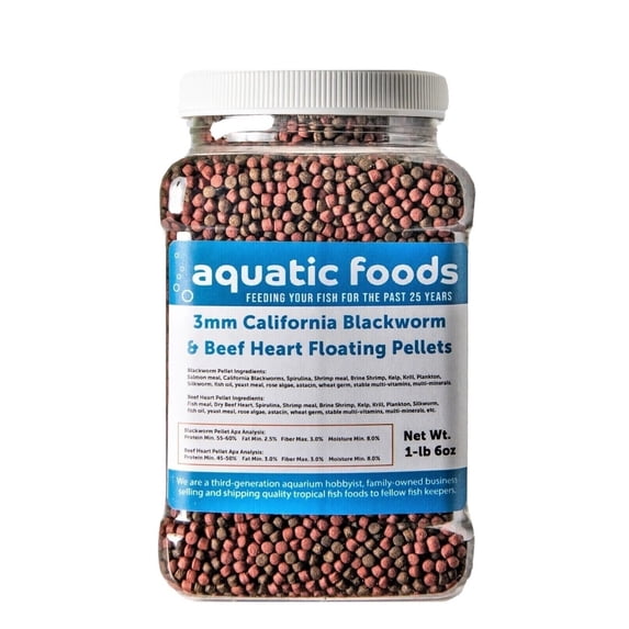 3mm California Blackworm & Beef Heart Floating Pellets, for Discus, Cichlids All Tropicals, Koi and Pond Fish…1-lb & 6oz Med Jar