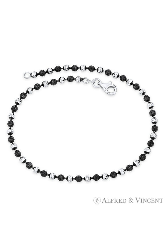 3mm Catena Ball Bead Link Italian Chain Anklet in 2-Tone .925 Sterling Silver w/ Black Rhodium