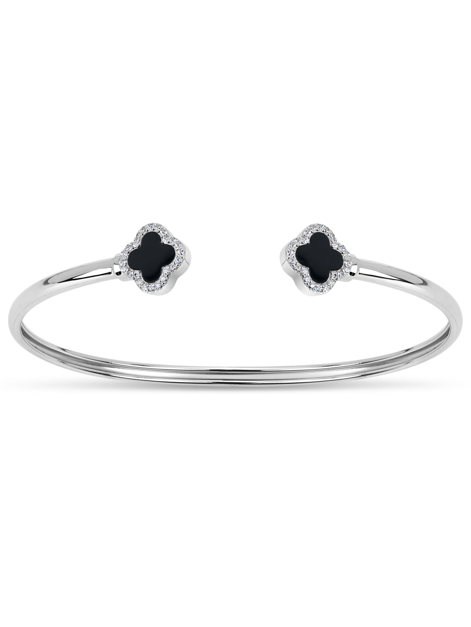 3mm Double Black Onyx and White Cubic Zirconia Sterling Silver Rhodium Plated Clover Memory Open Cuff Bangle