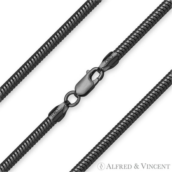 3mm Flexible Snake Link Italian Chain Necklace in .925 Sterling Silver w/ Black Rhodium