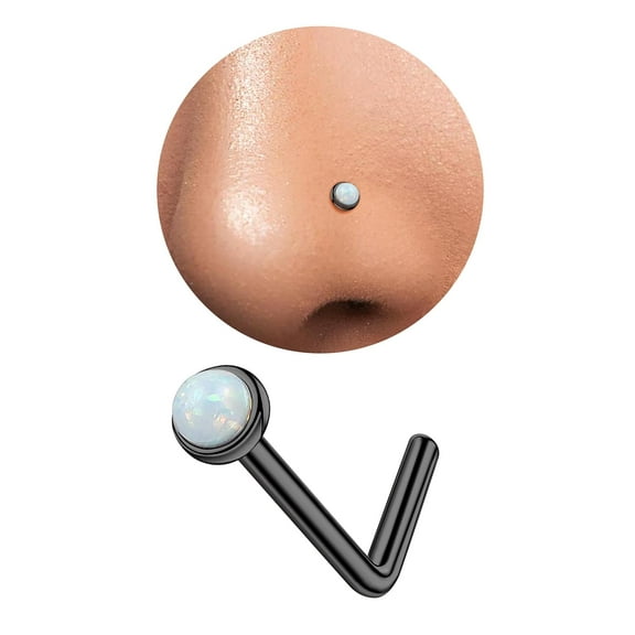 3mm G23 Titanium Opal Nose Rings Studs Hypoallergenic L Shaped Screw Small Nose Rings for Women Men 20G Handmade 14K Gold Plated Nose Nostril Piercing Jewelry Gold L Shape