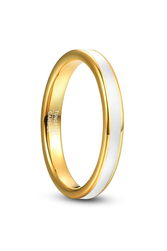 3mm Gold Tungsten Ring for Women White Enamel Inlay Wedding Band Polished Edge