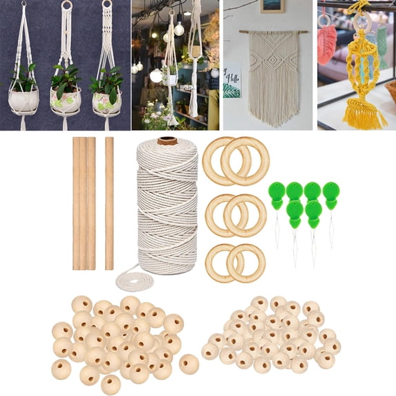 3mm Macrame Cord Natural Macrame Rope Macrame Wall Hanging with Wood Bead for DIY Hanger Craft Knitting , 117 Pieces