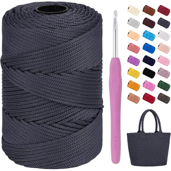 3mm Macrame Yarn for Crocheting, Polyester Cord x 185yds with 1 Crochet Hook Polypropylene Bag Cord, Crocheting Blanket DIY Crafts Dark Gray 185 Yards