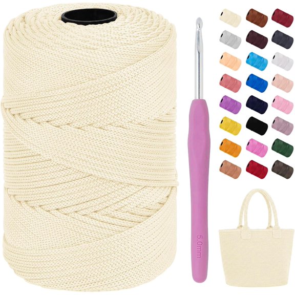 3mm Macrame Yarn for Crocheting, Polyester Cord x 185yds with 1 Crochet Hook Polypropylene Bag Cord, Crocheting Blanket DIY Crafts Milky White 185 Yards