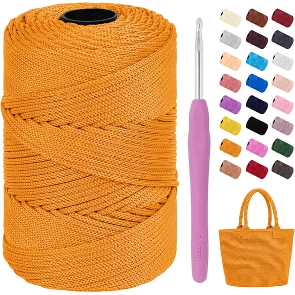 3mm Macrame Yarn for Crocheting, Polyester Cord x 185yds with 1 Crochet Hook Polypropylene Bag Cord, Crocheting Blanket DIY Crafts Golden 185 Yards