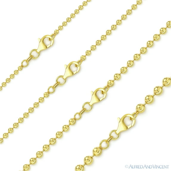 3mm Moon-Cut Ball Bead Link Chain Necklace in .925 Sterling Silver w/ 14k Yellow Gold