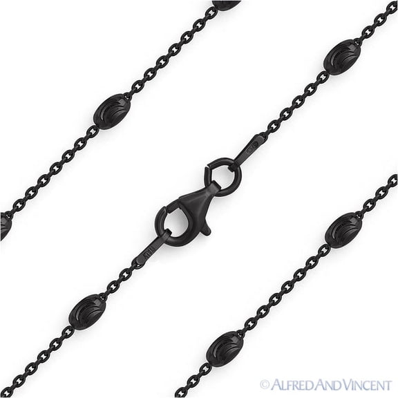 3mm Oval Moon-Cut & 1.1mm Anchor Chain Necklace in 925 Sterling Silver w/ Black Rhodium PVD