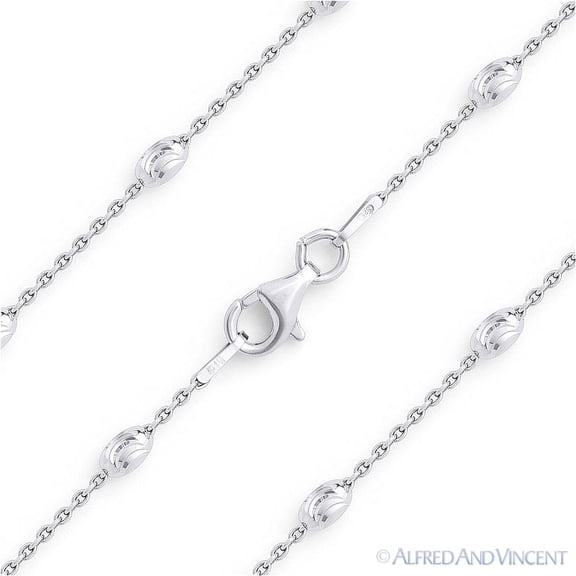 3mm Oval Moon-Cut Bead & 1.1mm Anchor Link Chain Necklace in 925 Sterling Silver w/ Rhodium