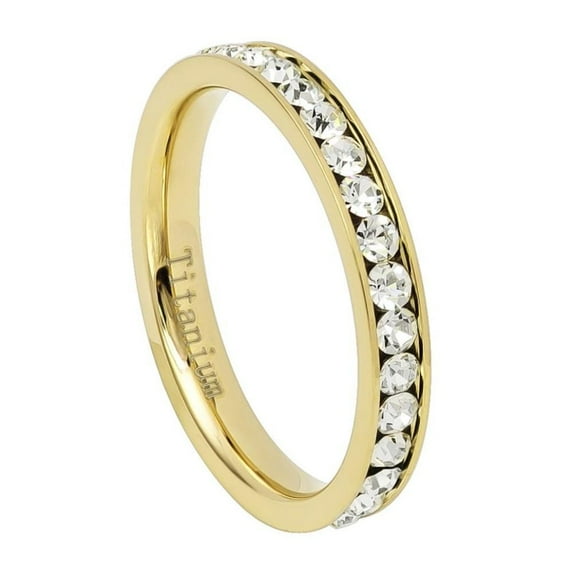 3mm Polished Gold Titanium Cubic Zirconia Band Ring, Size + Jewelry Cloth & Pouch