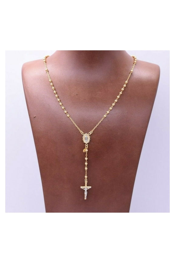 3mm Cross Rosary Crucifix Unisex Adult Chain Necklace 10K Yellow Gold, All Sizes – Goldum NYC