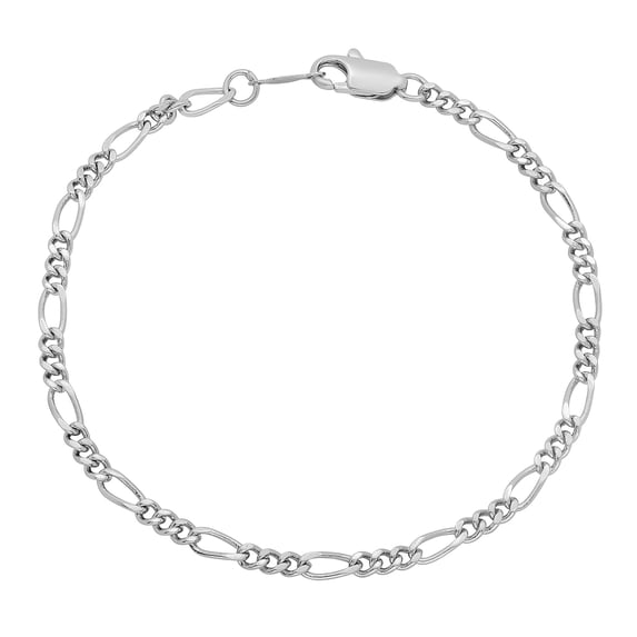 3mm Rhodium Plated Flat Figaro Chain Bracelet, 8 inches