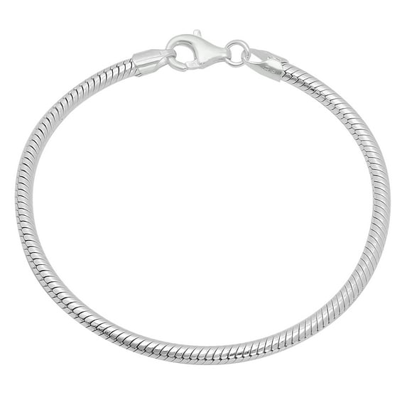 3mm Rhodium Plated Silver Round Snake Chain Link Bracelet, 9 inches