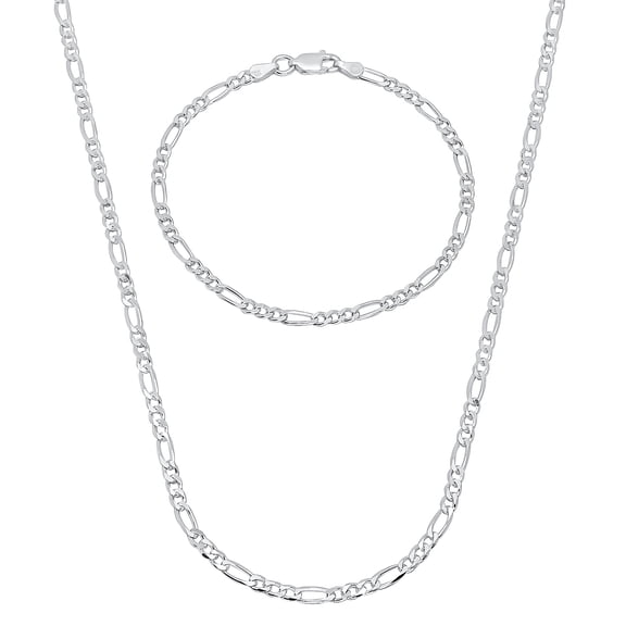 3mm Solid .925 Sterling Silver Flat Figaro Chain Necklace + Bracelet Set, 18" (Necklace) + 9" (Bracelet)