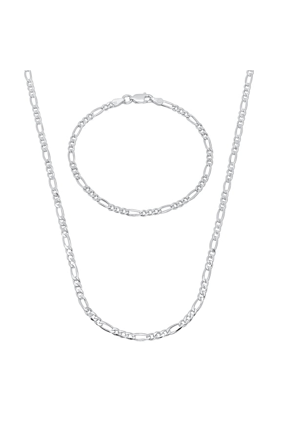 3mm Solid .925 Sterling Silver Flat Figaro Chain Necklace + Bracelet Set
